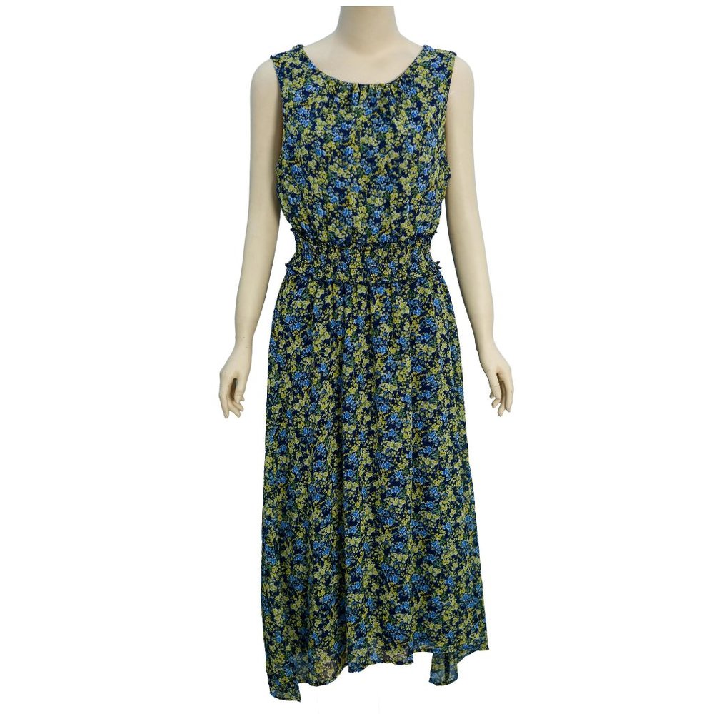 Sleeveless Floral-Printed Midi Dress Navy/Yellow